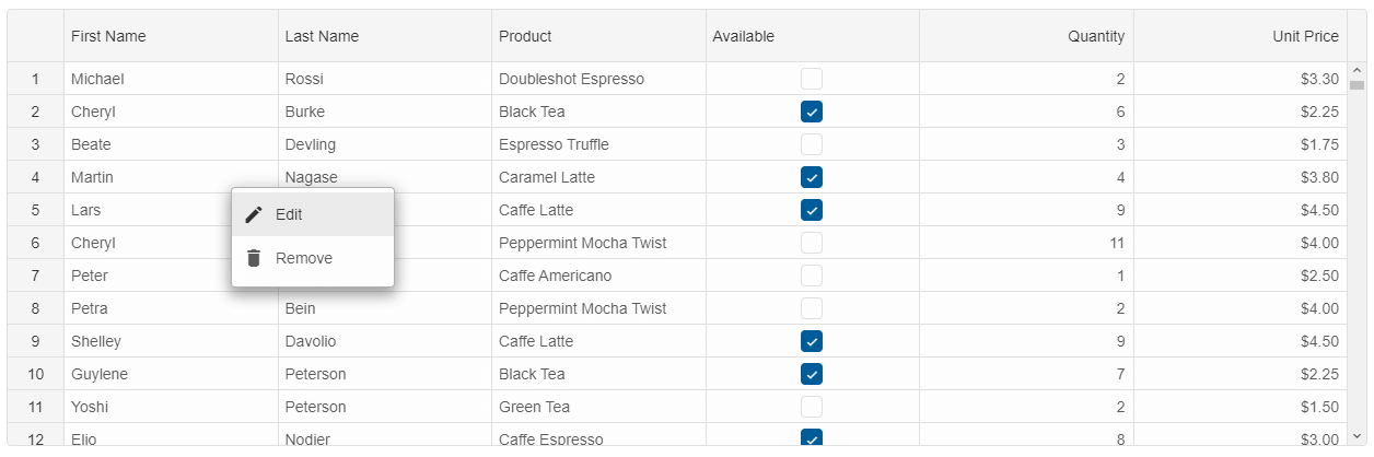 Grid Context Menu