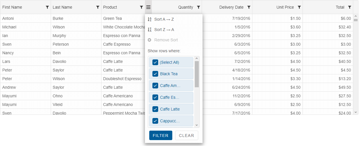 Grid Filter With Checkboxes