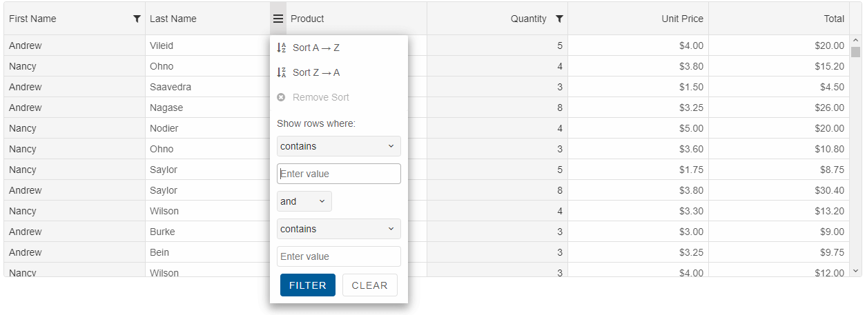 Grid Sort Menu