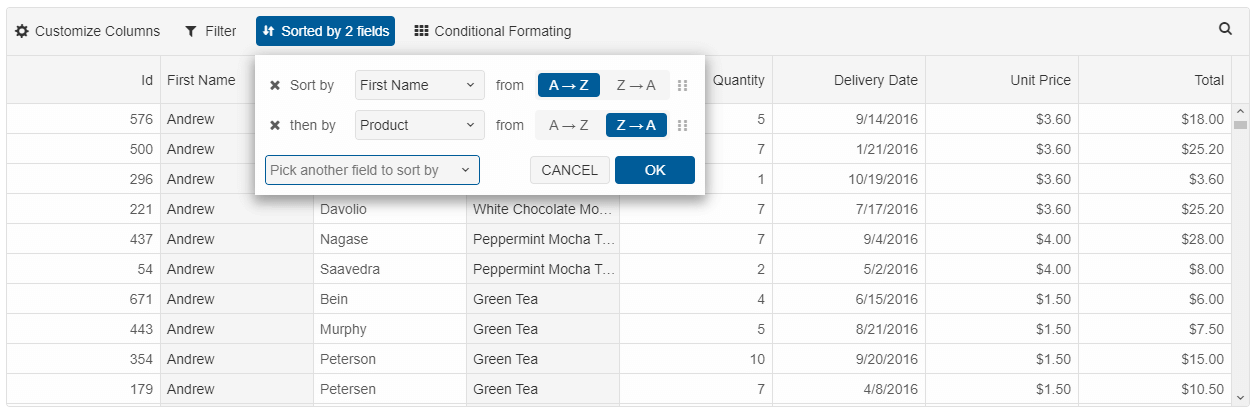 Grid Sorting Panel