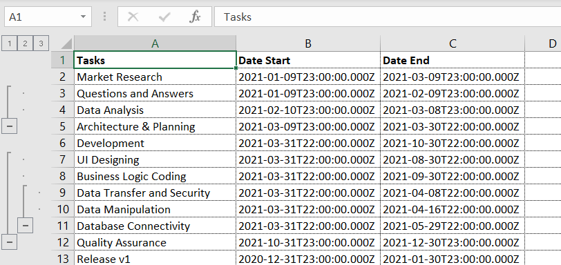 Gantt exported to excel