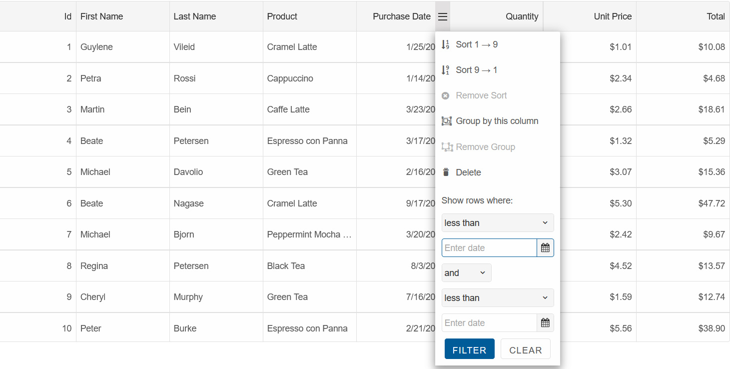 Filter inside column menu