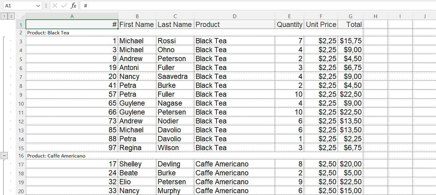 Grouped grid exported to excel