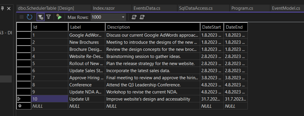 SQL with new event