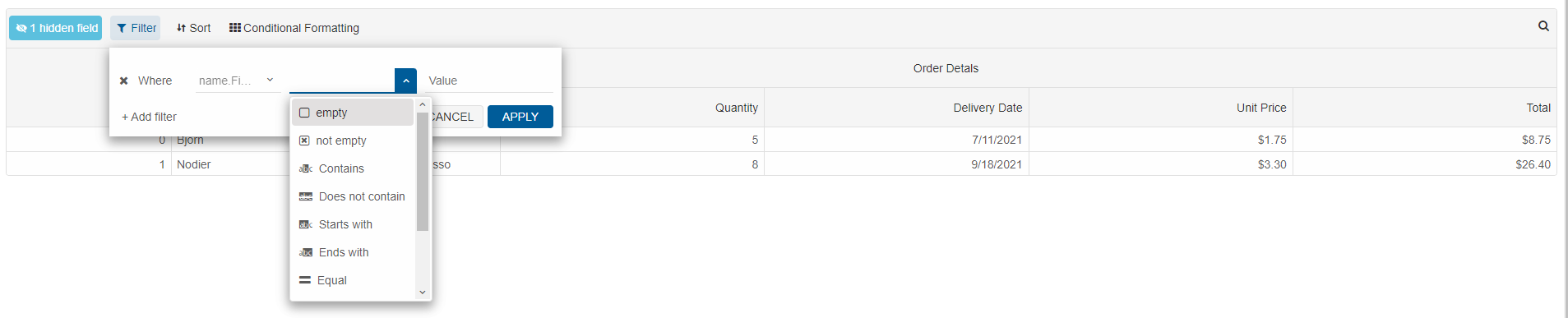 grid filtering panel