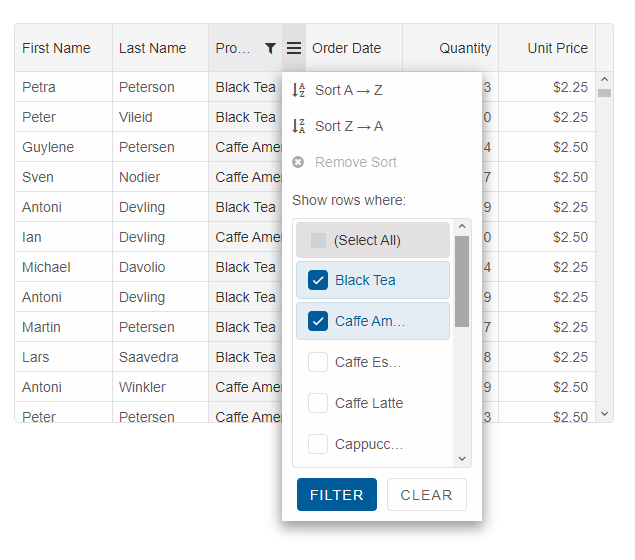 grid excel filtering