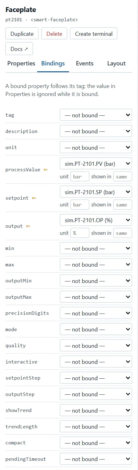 The Bindings tab of a faceplate: every property listed with a tag chooser; processValue, setpoint and output are bound to the PT-2101 process value, setpoint and output tags of the simulator, each with its unit and the unit it is shown in.