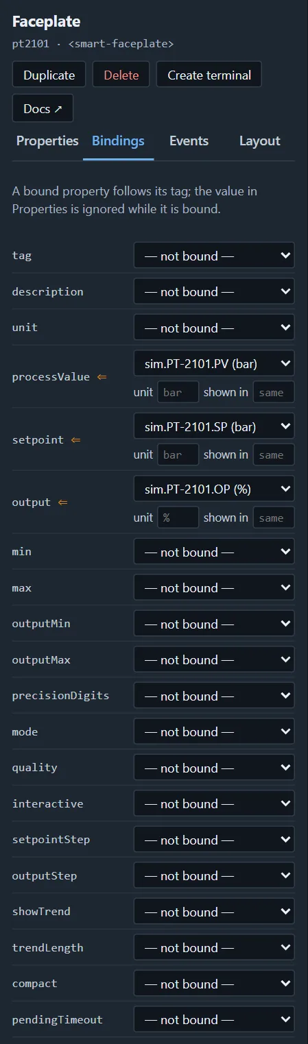The Bindings tab of a faceplate: every property listed with a tag chooser; processValue, setpoint and output are bound to the PT-2101 process value, setpoint and output tags of the simulator, each with its unit and the unit it is shown in.