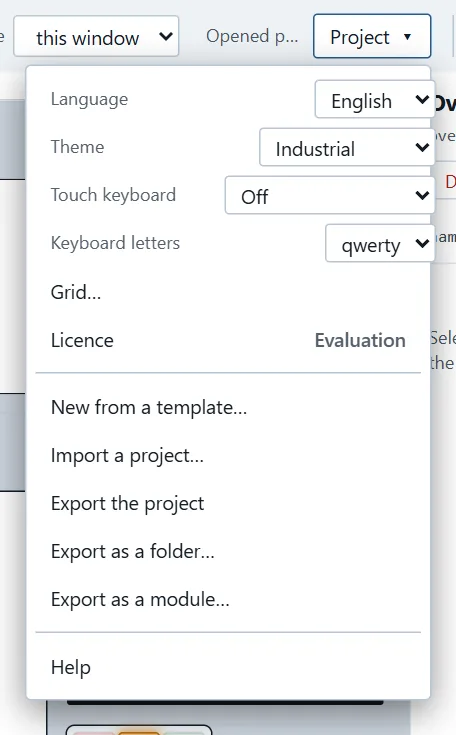 The Project menu open: Language, Theme, Touch keyboard, Keyboard letters, Grid, Licence, then New from a template…, Import, the three exports, and Help.