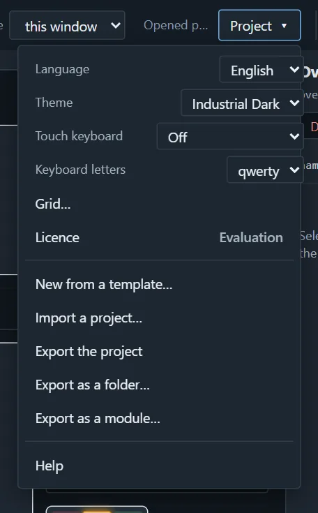 The Project menu open: Language, Theme, Touch keyboard, Keyboard letters, Grid, Licence, then New from a template…, Import, the three exports, and Help.