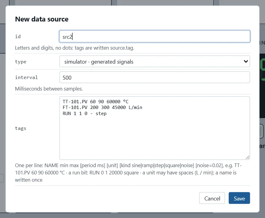 The New data source dialog with the simulator type chosen: an id, an interval of 500 milliseconds, and three tags written one per line with their range, period, unit and kind.