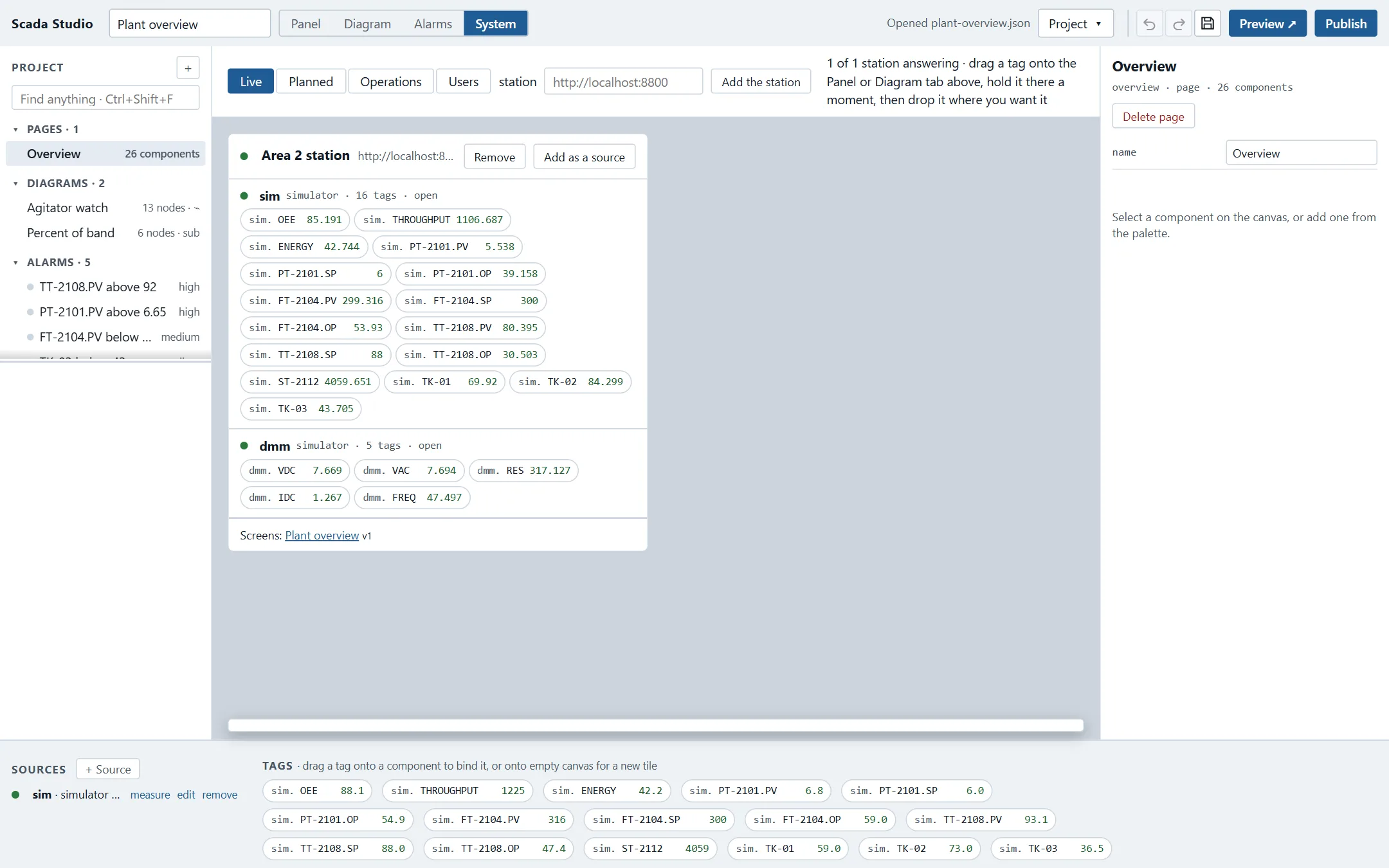 The System view, Live tab: one station, Area 2 station, answering, with its two simulator sources - sixteen and five tags, each with its live value - and the screen it serves.