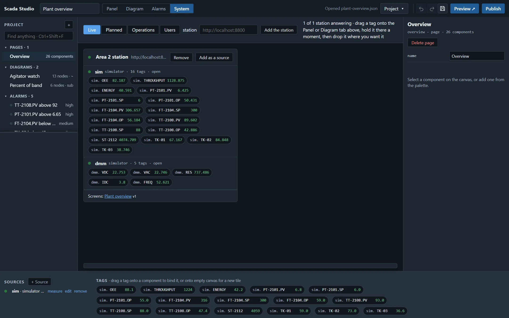 The System view, Live tab: one station, Area 2 station, answering, with its two simulator sources - sixteen and five tags, each with its live value - and the screen it serves.