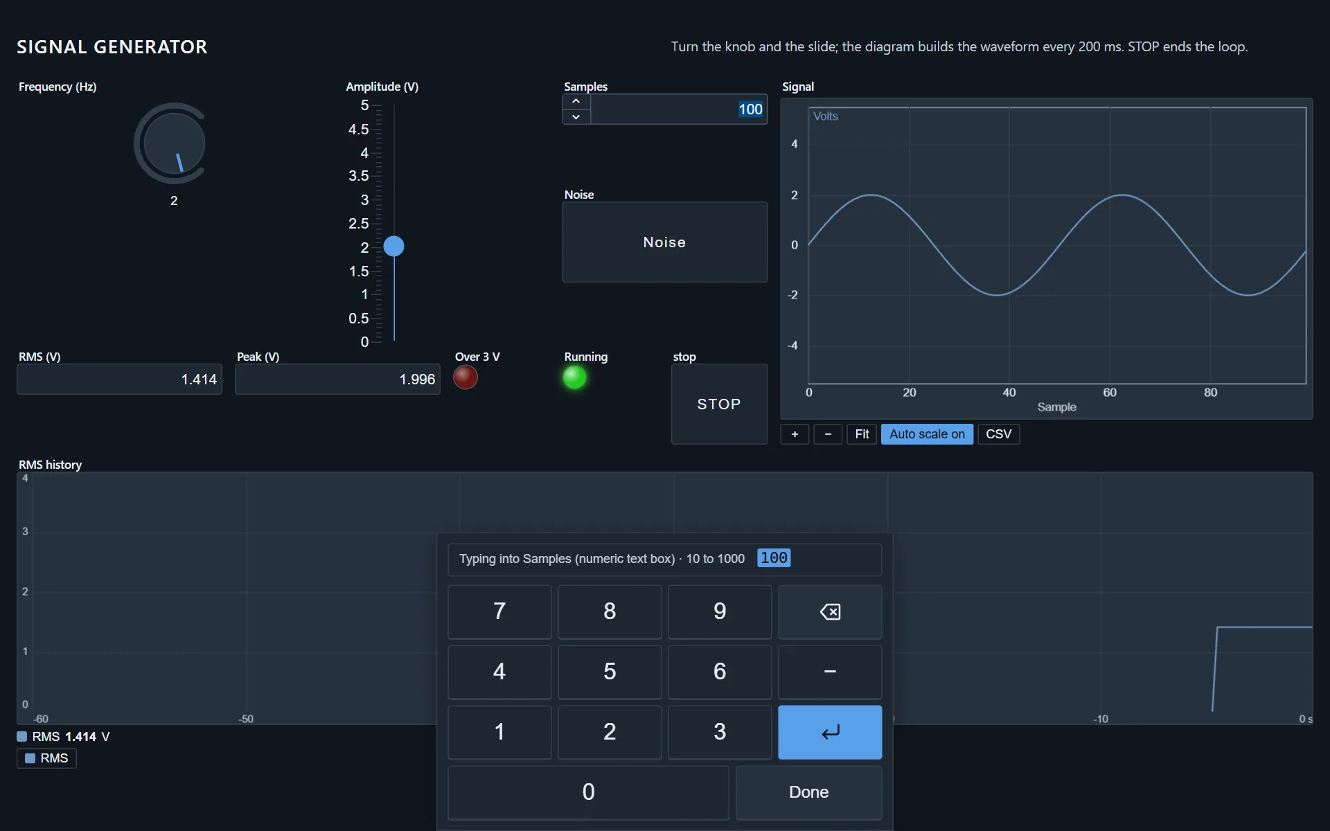 A running app with the touch keyboard at the bottom: the Samples number box touched, its value 100 selected, and a keypad under the line "Typing into Samples (numeric text box) · 10 to 1000".